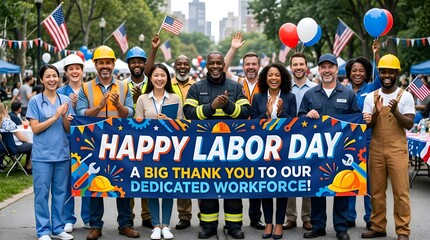 Diverse Workforce Celebrates Happy Labor Day with "Thank You" Banner