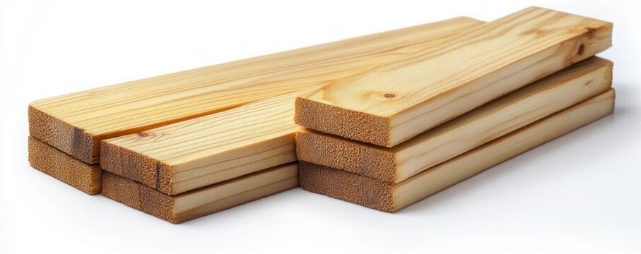 stack of smooth light pine wood planks with visible grain and knots on white background, clean minimal and orderly