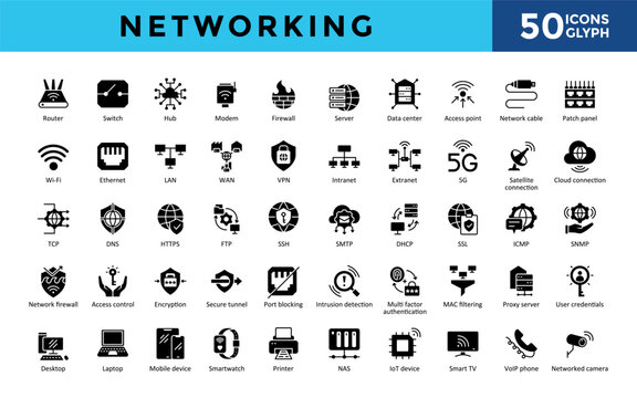 Networking icons set with router, switch, hub, modem, firewall, server, data center, access point, network cable, patch panel icon. Simple glyph vector 
