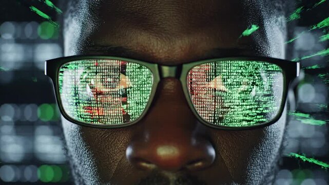 Close-Up of Programmer's Eyes with Glasses Reflecting Green Computer Code and Data in Dark Tech Environment