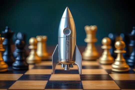 silver toy rocket centered on a wooden chessboard surrounded by gold and black chess pieces, conveying ambition, strategy, and determined focus