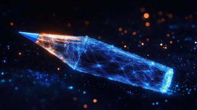 Futuristic glowing blue wireframe pencil with orange illuminated tip floating in dark space amid sparkling particles, evoking creativity and energy