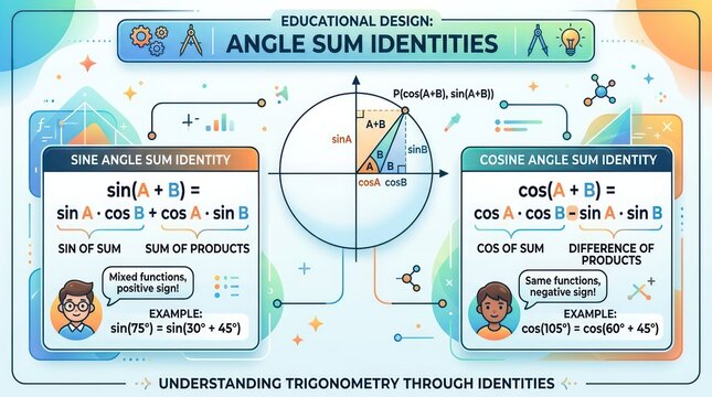 Educational poster detailing trigonometric angle sum identities with circle unit diagram.