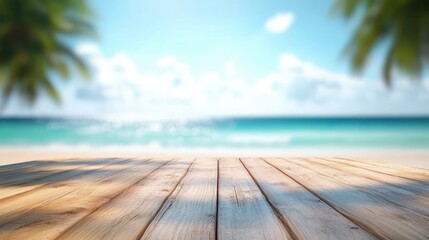 Fototapeta premium serene sunlit wooden deck overlooking turquoise ocean with palm tree shadows on a tranquil tropical beach
