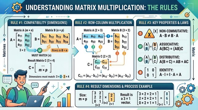 Matrix multiplication rules poster featuring dimension compatibility and row column logic.