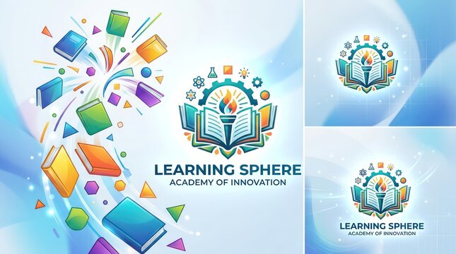 Learning sphere academy of innovation branding logo with colorful floating book graphic.