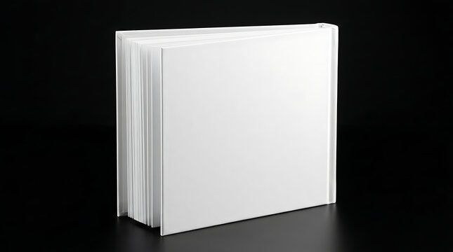 Blank white photo book mockup standing upright on black surface for branding presentation layout display and portfolio design