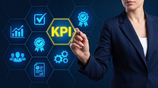 kpi business analytics and data management concept. businessman using dashboard interface, corporate data metrics tracking, strategic planning, track performance metrics and optimize strategy decision