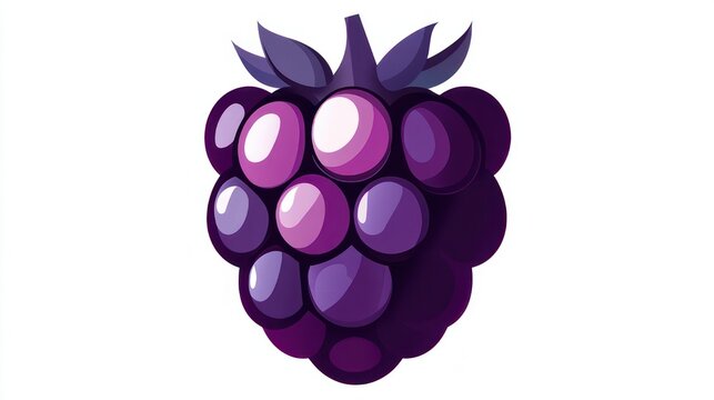Cheerful glossy purple blackberry illustration with shiny rounded drupelets and small leaves on a clean white background