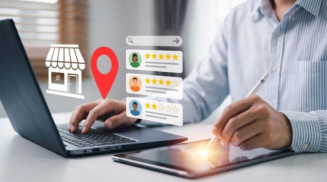 Local search marketing concept with customer review rating, store location icon, Digital marketer management on local SEO using laptop and tablet to boost small business 