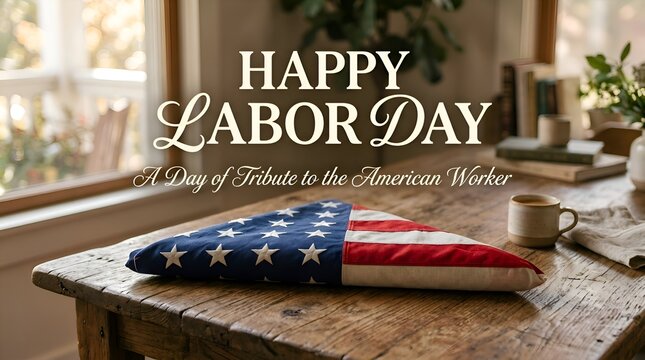 Happy Labor Day American Flag Folded on Table, Tribute to Worker