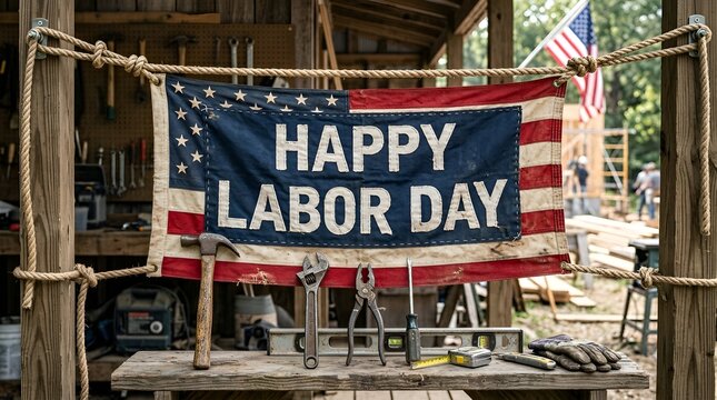 Happy Labor Day American Flag Banner with Tools and Construction Background
