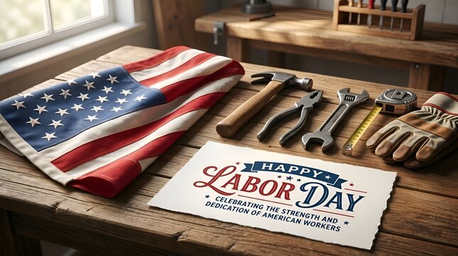 Happy Labor Day: American Flag, Tools, and Gloves on Wooden Workbench