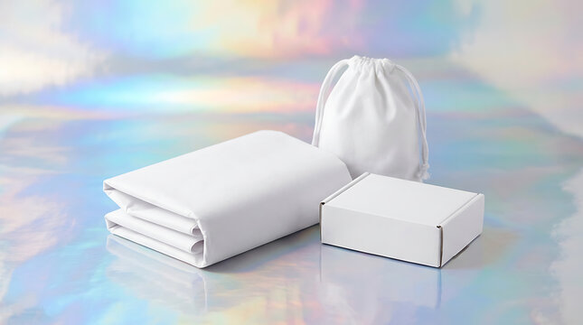 Blank white product packaging set with folded tissue paper pouch and mailer box on iridescent holographic background
