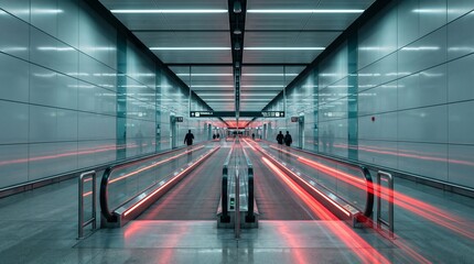 Modern airport terminal corridor with moving walkways and long exposure red light trails showing commuters walking through a futuristic glass tunnel passage