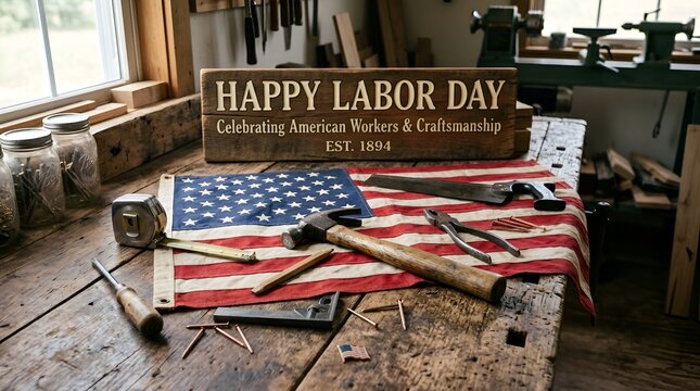Happy Labor Day: American Flag, Tools, Woodworking Shop, Craftsman Vintage