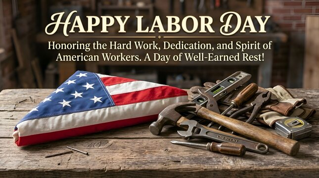Happy Labor Day: American Flag, Tools, Wood Background, Honoring Workers