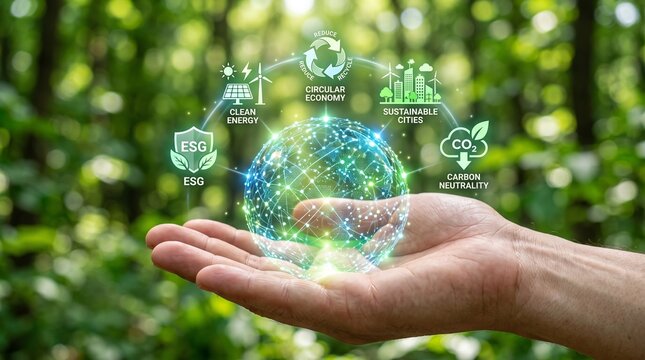 Human Hand Holding Digital Earth Globe with Sustainability and Environmental Icons for Eco Friendly Future Concepts