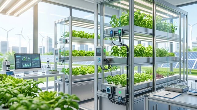 Modern vertical farming indoor garden with hydroponic systems, automated agriculture technology growing fresh vegetables, smart sensors monitoring plants