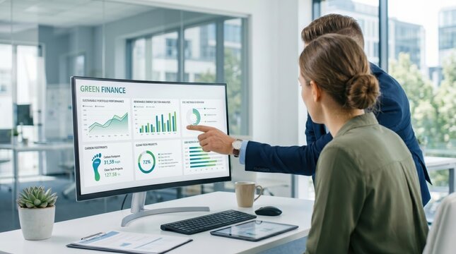 Colleagues analyzing green finance dashboard on computer screen, ESG investment charts, carbon footprint data, sustainable business growth graphs