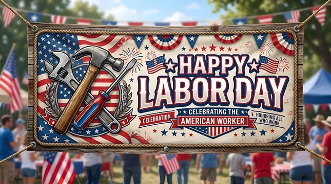 Happy Labor Day American Worker Celebration with Tools and USA Flag