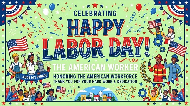 Happy Labor Day American Worker Parade Festive Celebration Greeting Card Design
