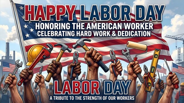 Happy Labor Day American Worker Tribute - USA Flag, Tools, Construction