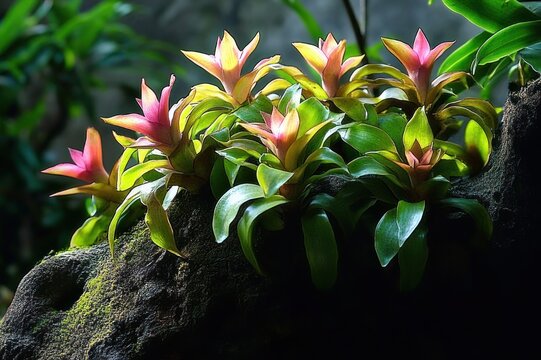 cluster of pink-rosette tropical plants with glossy green leaves on a mossy rock bathed in soft dappled sunlight, serene lush mood