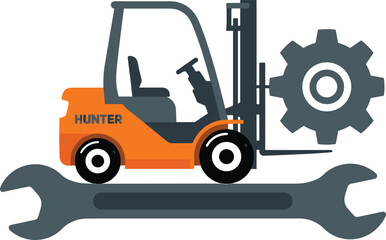 Naklejka premium Orange forklift truck repair and maintenance service concept featuring large industrial wrench tool and mechanical cogwheel