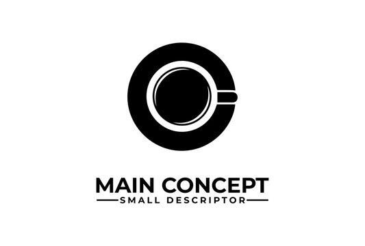 A minimalist black and white logo featuring a stylized coffee cup or mug icon, with text 'MAIN CONCEPT' and 'SMALL DESCRIPTOR' below, suitable for branding.