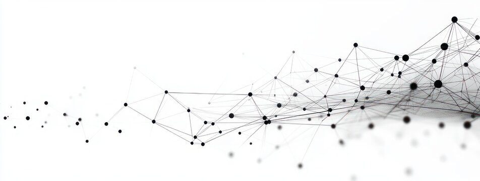 abstract black node network of connected dots and thin lines forming a flowing mesh on white background, conveying futuristic connectivity and calm