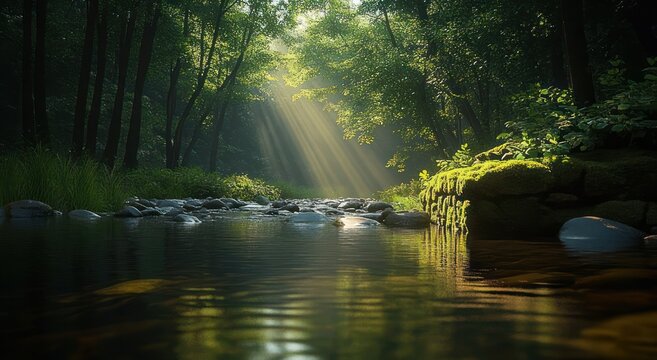 sunlit forest stream with moss-covered rocks and calm reflective water, serene peaceful woodland morning