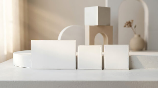 Blank white rectangular parcel shipping labels on textured podium set for product display mockup and logistics branding