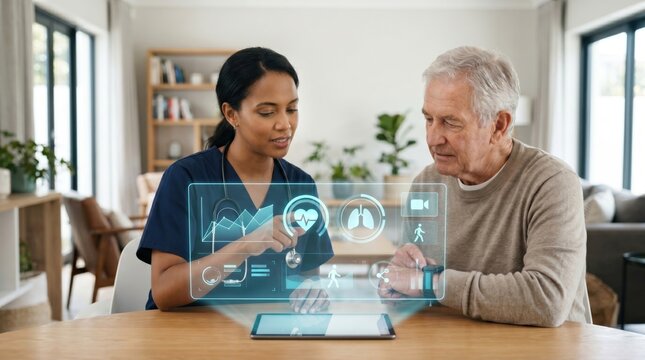 Telemedicine healthcare concept, nurse consulting elderly patient at home using digital tablet with holographic medical data interface for remote health monitoring and senior care