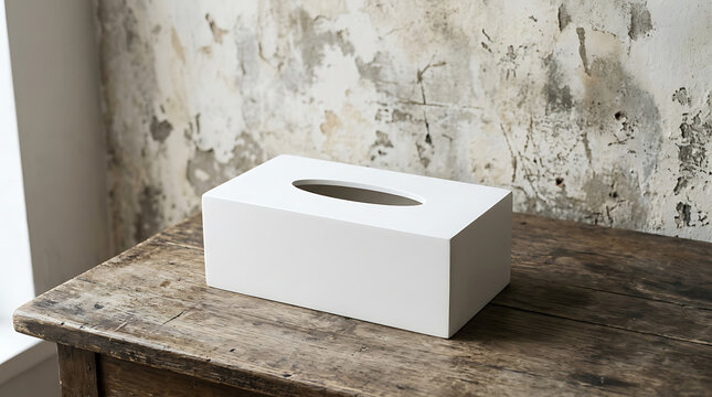 Blank white rectangular tissue box mockup on a rustic wooden table against a distressed aged wall surface texture