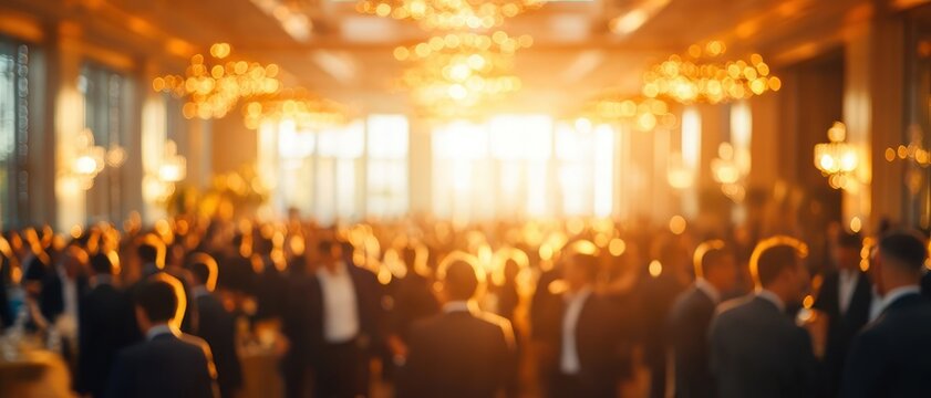 blurred crowd of people in suits mingling in a sunlit ballroom with chandeliers and warm golden bokeh lighting, bustling festive atmosphere