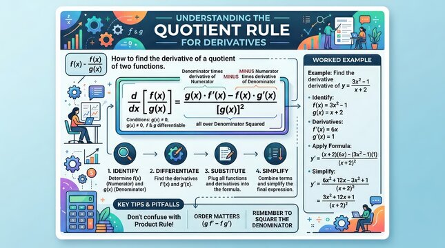 Educational infographic explaining quotient rule for derivatives with worked example steps.