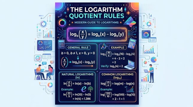 Logarithm quotient rules modern poster with natural and common log examples for students.