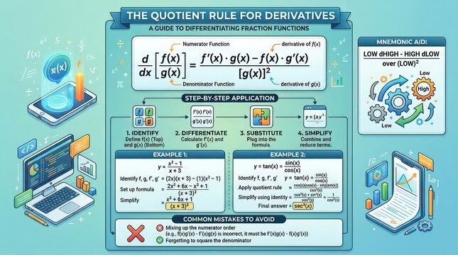 Comprehensive guide for derivative quotient rule featuring step by step math examples.