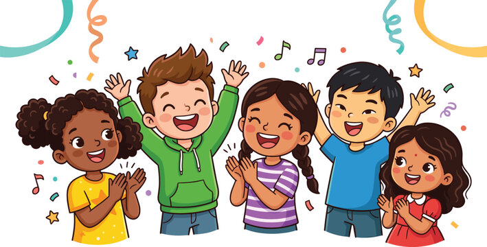 Happy diverse children group cartoon character vector illustration celebrating party dancing clapping hands and laughing under falling confetti
