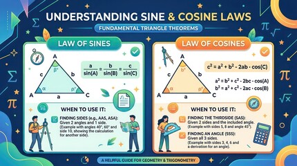 Obraz premium Fundamental triangle theorems guide showing sine and cosine laws for geometry students.