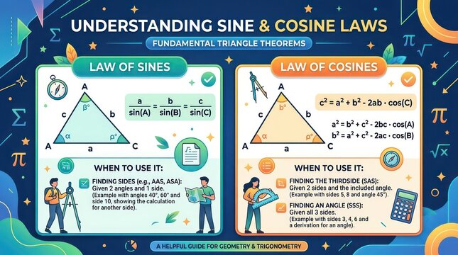 Fundamental triangle theorems guide showing sine and cosine laws for geometry students.