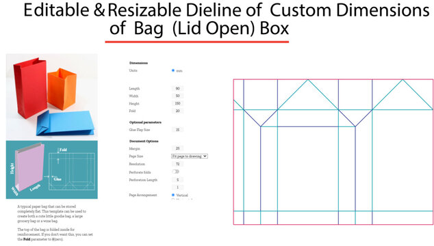 Dieline template for custom paper bag with adjustable dimensions
