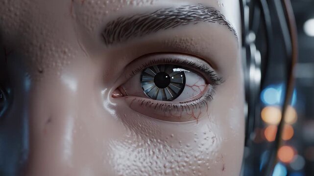 Extreme Close-up of Humanoid Robot Eye with Mechanical Iris, Futuristic Bionic Vision