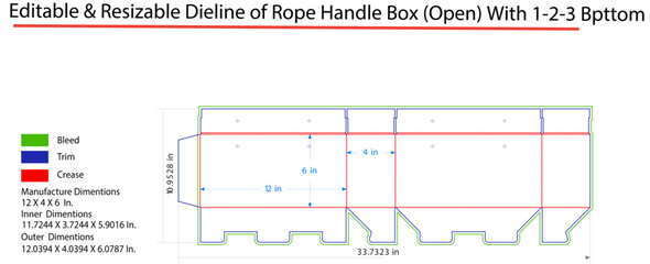 Dieline template for rope handle box with 1-2-3 bottom closure © Rafiqul