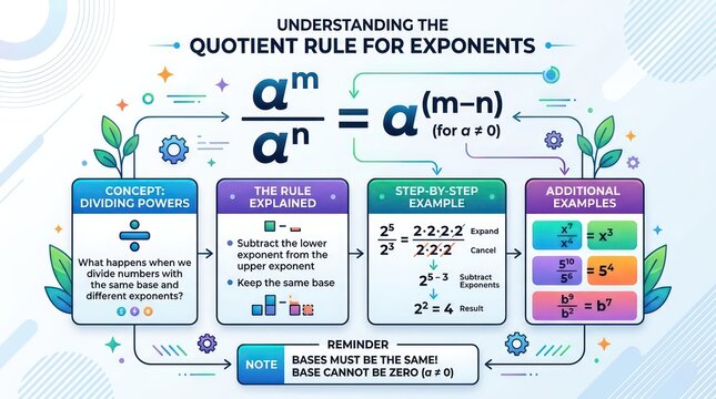 Understanding quotient rule for exponents mathematics educational poster with clear steps.