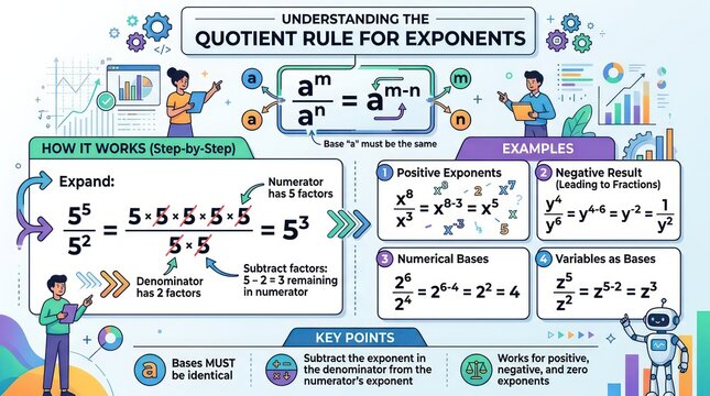 Educational guide on quotient rule for exponents showing step by step math instructions.