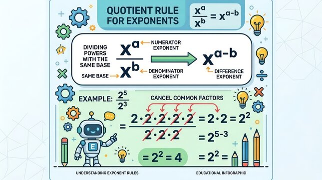 Quotient rule for exponents infographic teaching mathematical division power principles.