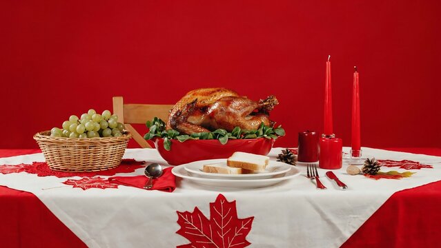 Roasted turkey on a table with grapes, red candles, and a maple leaf patterned tablecloth