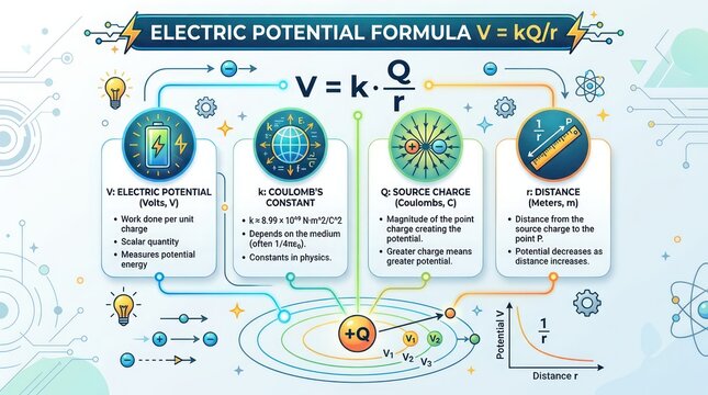Scientific diagram explaining electric potential formula with components and physics laws.